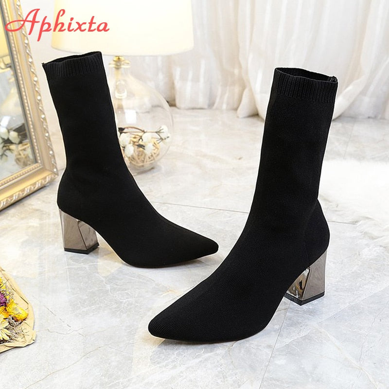 Aphixta 7cm Metall Platz Heels Socken Stiefel Frauen Beige Casual Stretch Stoff Elastische Spitz Atmungsaktive Schuhe tif-shop24.de