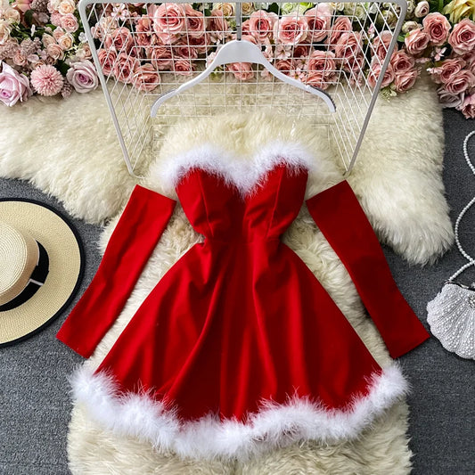 Elegant For New Year Strapless Backless Furry Sexy Short Mini Christmas Party Dress
