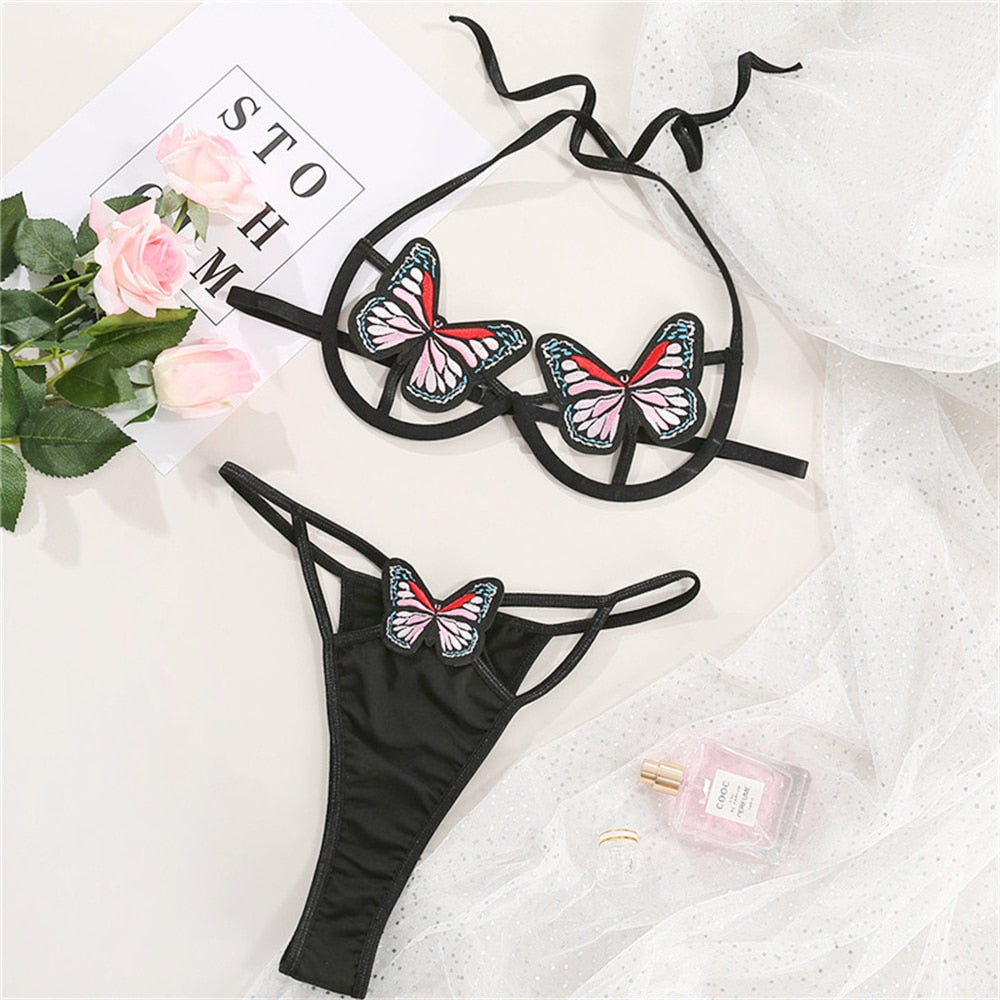 Sensual Lingerie Sexy Trikini Underwear Top Panties Set Porn Sex Body Cage Bondage Harness Butterfly Bra Thong Exotic Suit