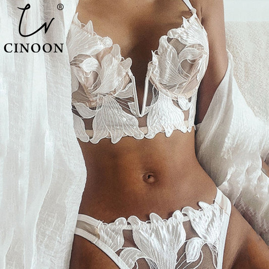 CINOON Sexy French Lace Embroidery Brassiere Lingerie Underwear Push Up thin Bralette Deep V Bra and Panty Set