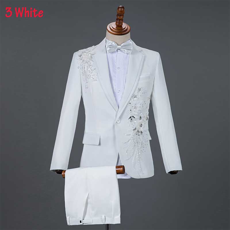 Weiß Sparkly Kristalle Stickerei Anzüge Mit Hosen Hochzeit Bräutigam Smoking Anzug Stehen Kragen Bühne Kostüm Homme Mariage tif-shop24.de