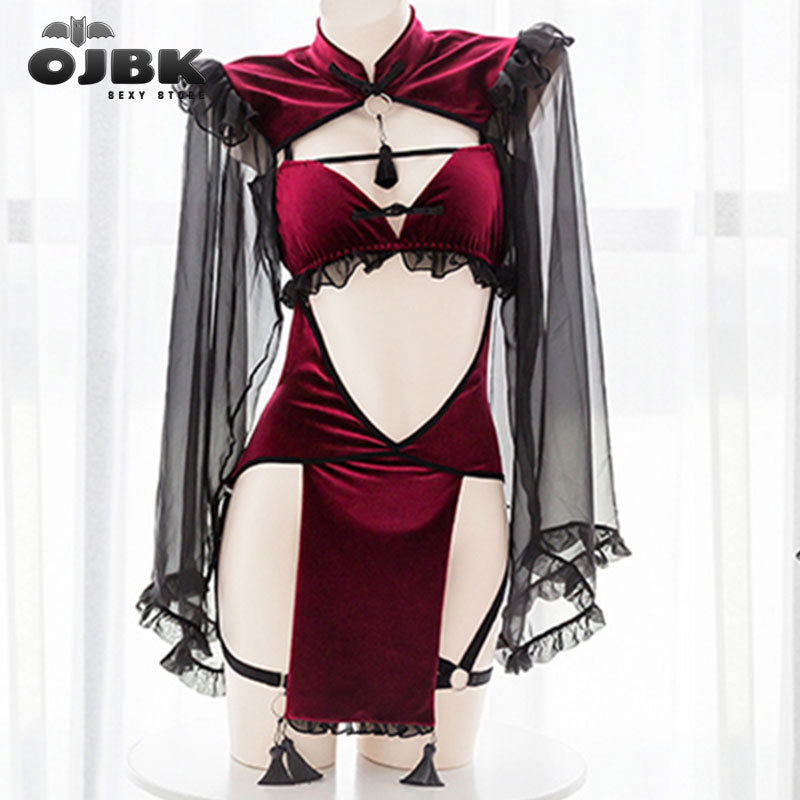 OJBK Punk Gothic Black Red Lace Sexy Lingerie for Women Maid Temptation Evil Demon Open Crotch Cosplay Backless Dress Costumes