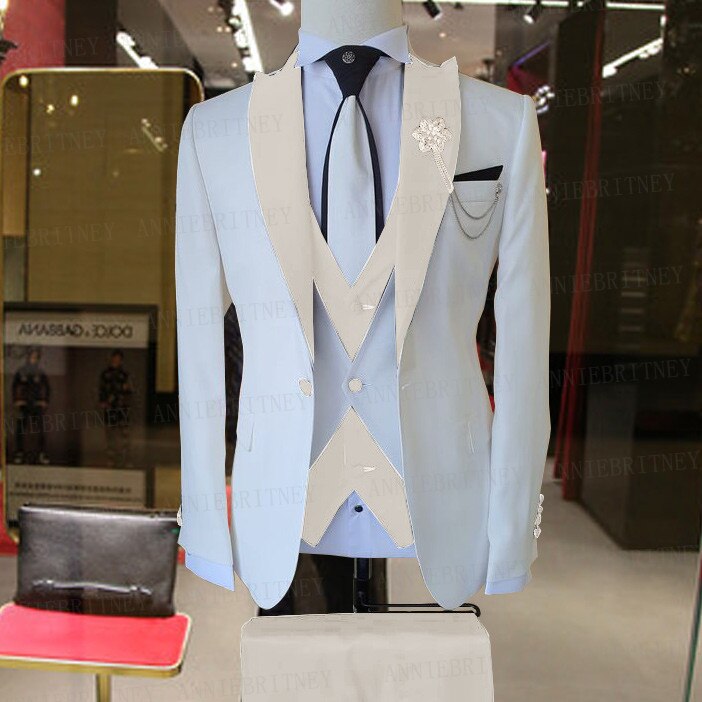 Anzug 3 teilig Bräutigam Hochzeit Anzug Set Mode Designs Weiß Business Jacke Weste Royal Blau Hosen tif-shop24.de