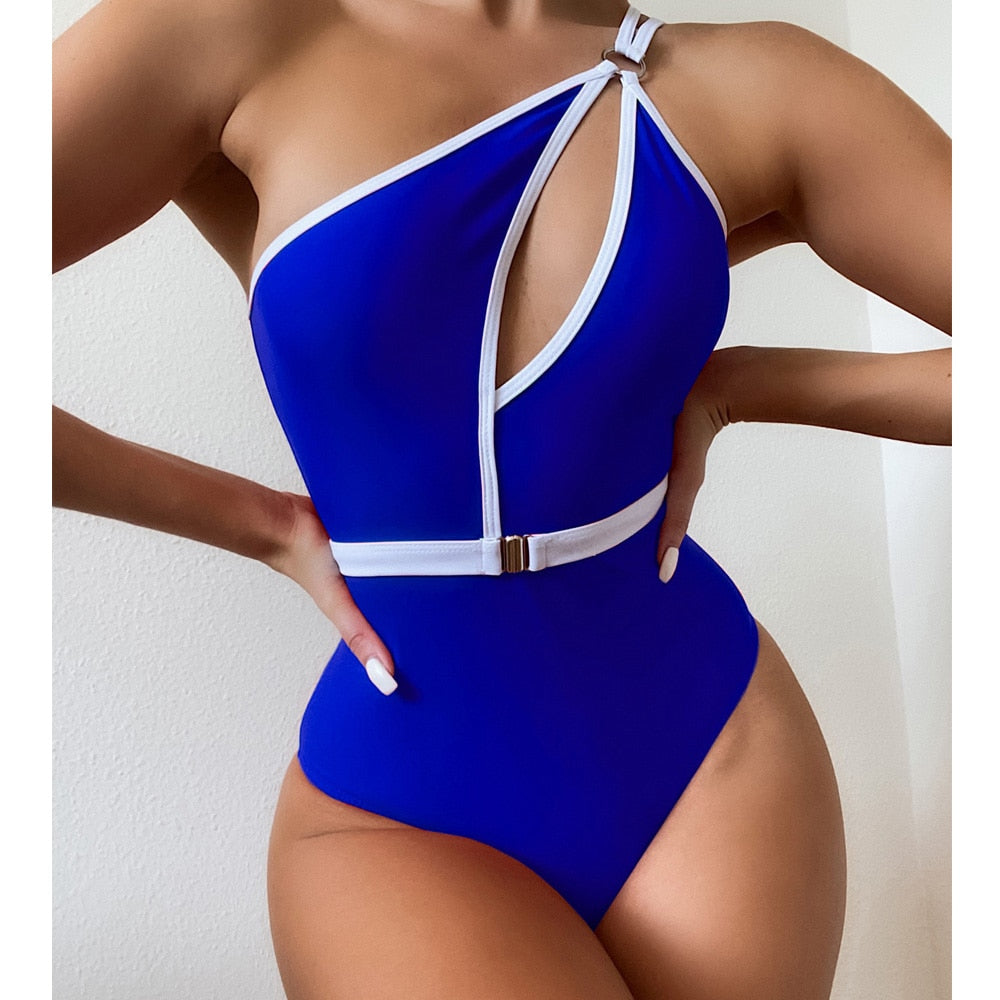 VigoCasey Hollow Out One Shoulder Sexy One Piece High Waist Monokini Solid Belt Bathing Suit