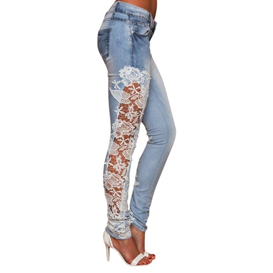 JAYCOSIN Mode Kleidung  Jeans Spitze Aushöhlen Blumen Applikationen Skinny Denim Jeans Femme Bleistift Hose tif-shop24.de