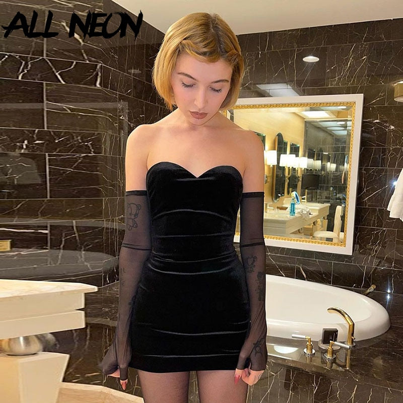 ALLNeon Mall Goth Strapless samt schwarz Kleider Ästhetik Off Schulter Ärmel Mini Kleid Party Outfits Rückenlos tif-shop24.de