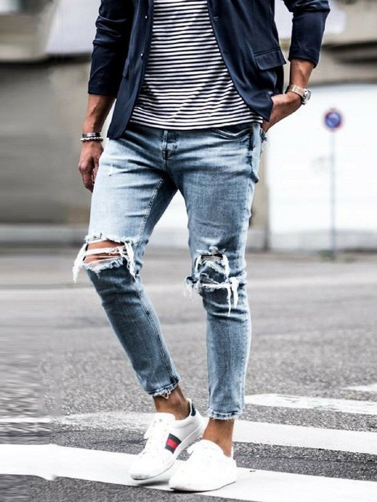 Streetwear kniegerissene Röhrenjeans für Männer Hip Hop Fashion Destroyed Hole Pants Einfarbige Stretch-Jeanshose für Herren tif-shop24.de