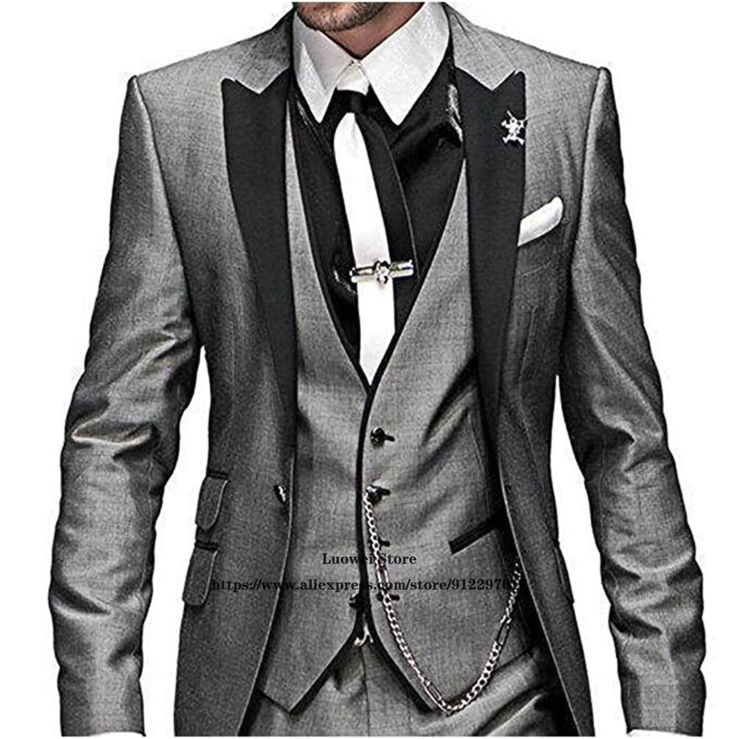 Klassische Slim Fit  Bräutigam Hochzeit Smoking 3 Teilig   Jacket  Weste Hose  Set Party Peaked Revers Kostüm Homme tif-shop24.de