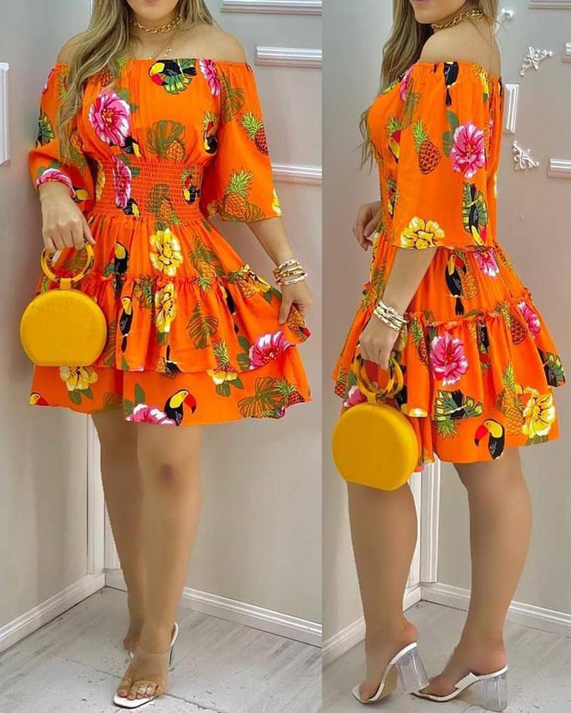 Fashion Elegant Fruit Print Off Shoulder Short Sleeve Kawaii Fairy High Waist Pleated A-Line Summer Party