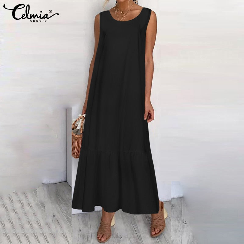 Celmia 2021 Maxi lange Kleid Mode Frauen Sommer  Baumwolle Rüschen Casual Lose ärmellose Party Vestidos Mujer Plus Größe