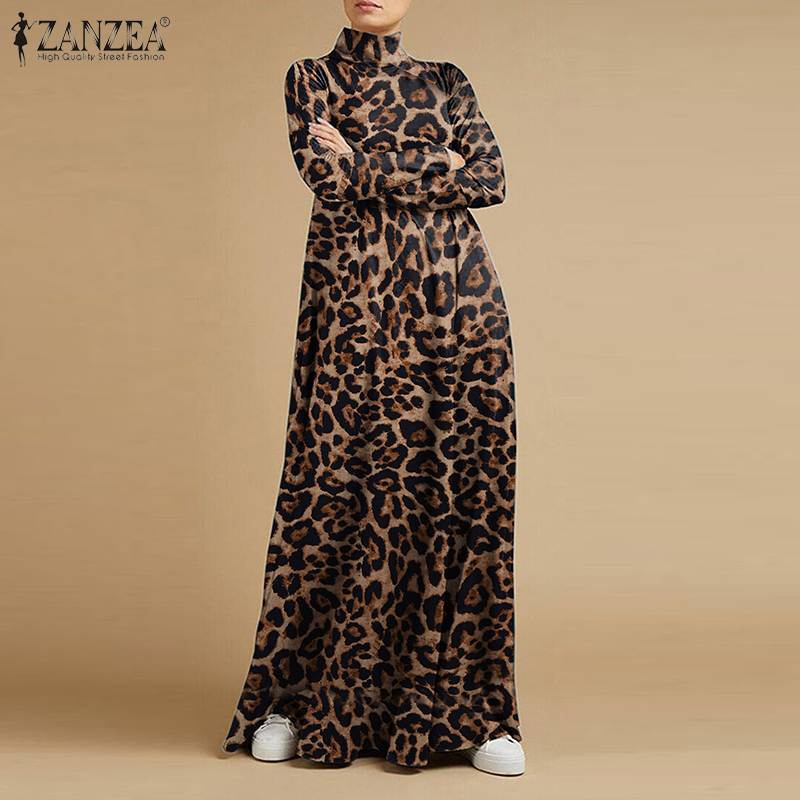 ZANZEA Casual Rollkragen Volle Hülse Vestidos Stilvolle Leopard Gedruckt Lange Kleider Baggy Vintage Elegante Robe tif-shop24.de