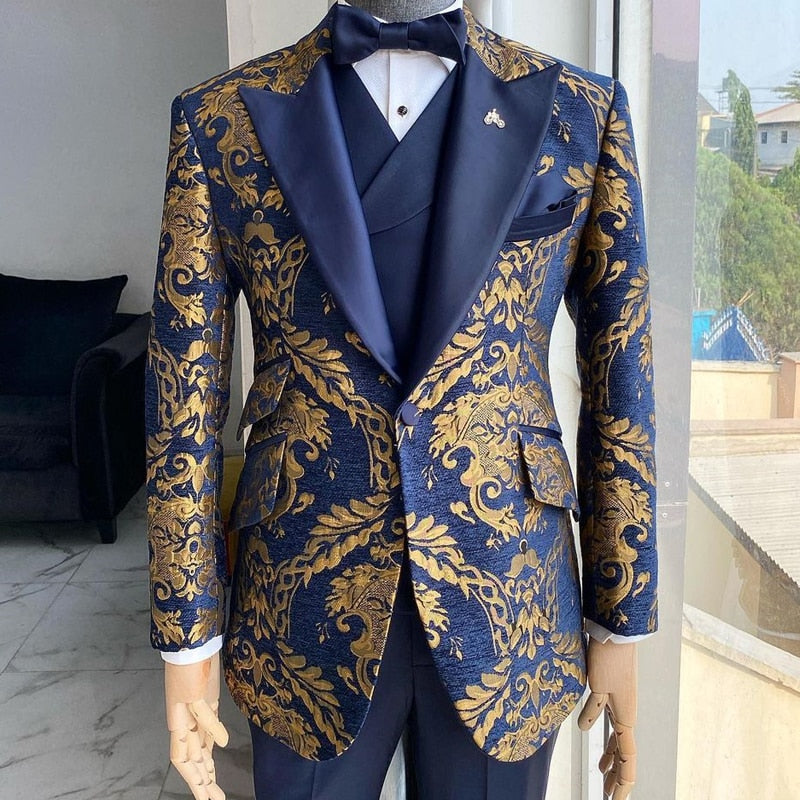 Jacquard Floral Smoking Anzüge für Hochzeit Slim Fit Navy Blau und Gold Gentleman Jacke mit Weste Hose 3 Teilige Kostüm tif-shop24.de