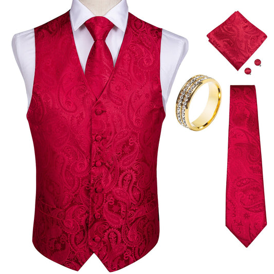 Herren Anzug Weste  Gilet Homme Formale Hochzeit Bräutigam Ärmellose Weste Rot Schwarz Gold Herren Jacke Taschentuch Krawatte Set DiBanGu tif-shop24.de