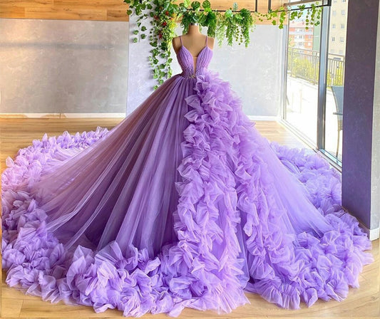 Elegant Puffy Prom Dresses with Long Train Ball Gown Evening Dress Robe Party Night Gowns