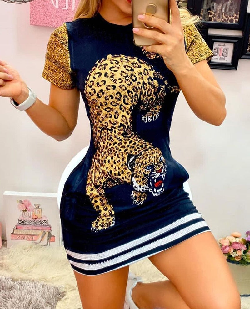 2021 Women Sexy Daily Wear O Neck Cute Tiger Animal Print Short Sleeve Casual Summer Vintage Mini Bodycon Party Dress tif-shop24.de