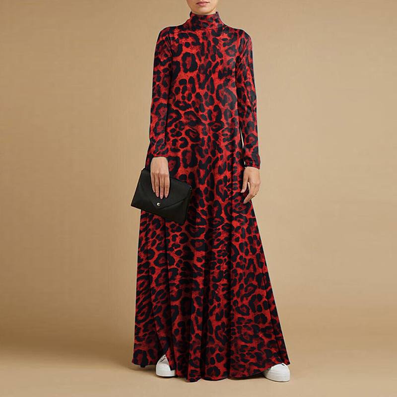 ZANZEA Casual Rollkragen Volle Hülse Vestidos Stilvolle Leopard Gedruckt Lange Kleider Baggy Vintage Elegante Robe tif-shop24.de