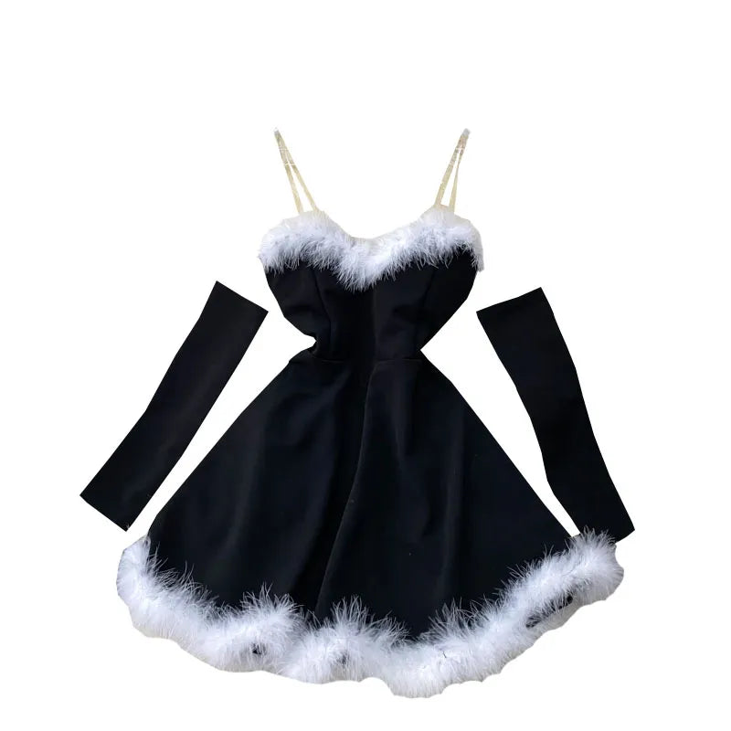 Elegant For New Year Strapless Backless Furry Sexy Short Mini Christmas Party Dress