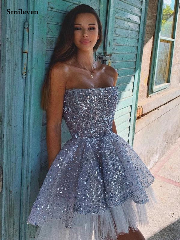 Smileven Short Sequins Cocktail Strapless Mini Prom Homecoming Party Dress