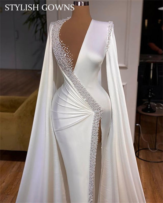 Luxury Deep V Neck Evening Dresses With Long Sleeves Beaded Pearls Wedding Dress High Slit Birthday Party Gown