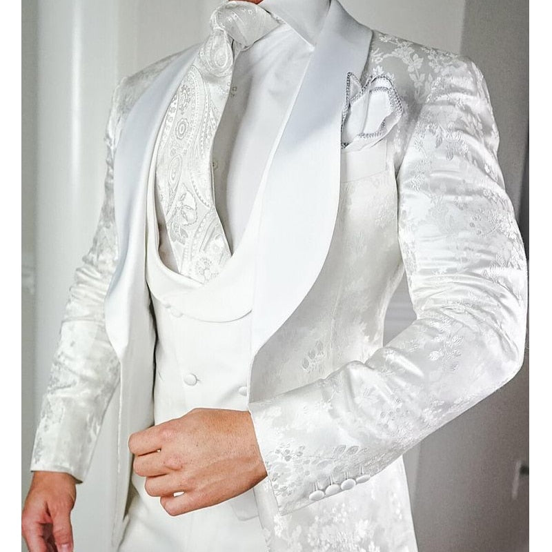 Weiße Blumenhochzeits-Smoking für Bräutigam 3-teilige Slim Fit Herrenanzüge mit Satinschal Revers Custom Herrenmode Kostüm Jacke Weste tif-shop24.de