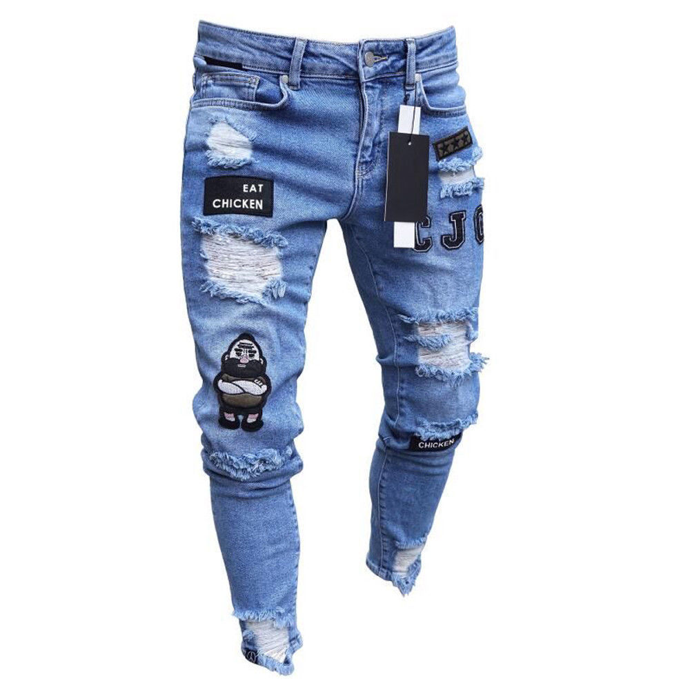 3 Styles Herren Stretchy Ripped Skinny Biker Stickerei Print Jeans Destroyed Hole Taped Slim Fit Denim Scratched High Quality Jean tif-shop24.de