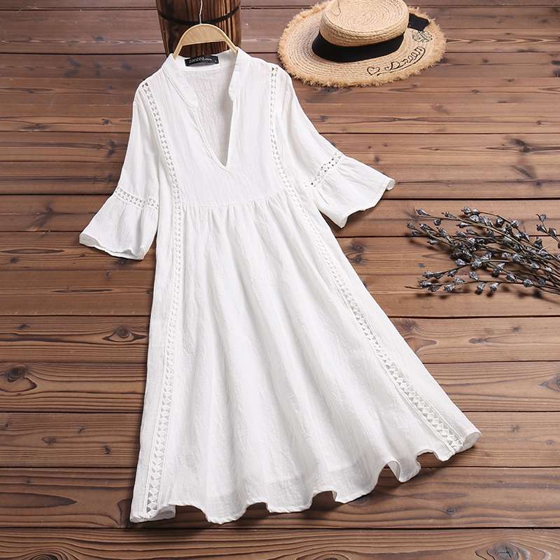 ZANZEA Summer Women V Hals hohl  Out Midi Dress Casual Flare Sleeve Sundress Solid Elegant Vestido Bohemian Beach Dress tif-shop24.de