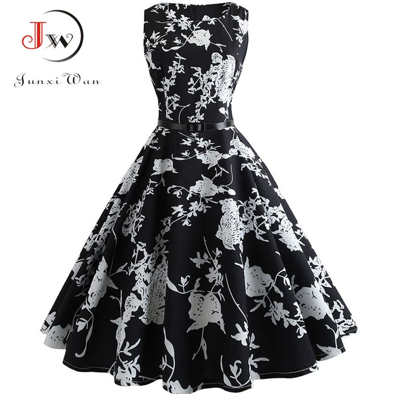 Damen Sommerkleider Robe Elegante Vintage Retro Swing Rockabilly Kleid Hohe Taille Blumen Runway Sundress Tunika tif-shop24.de