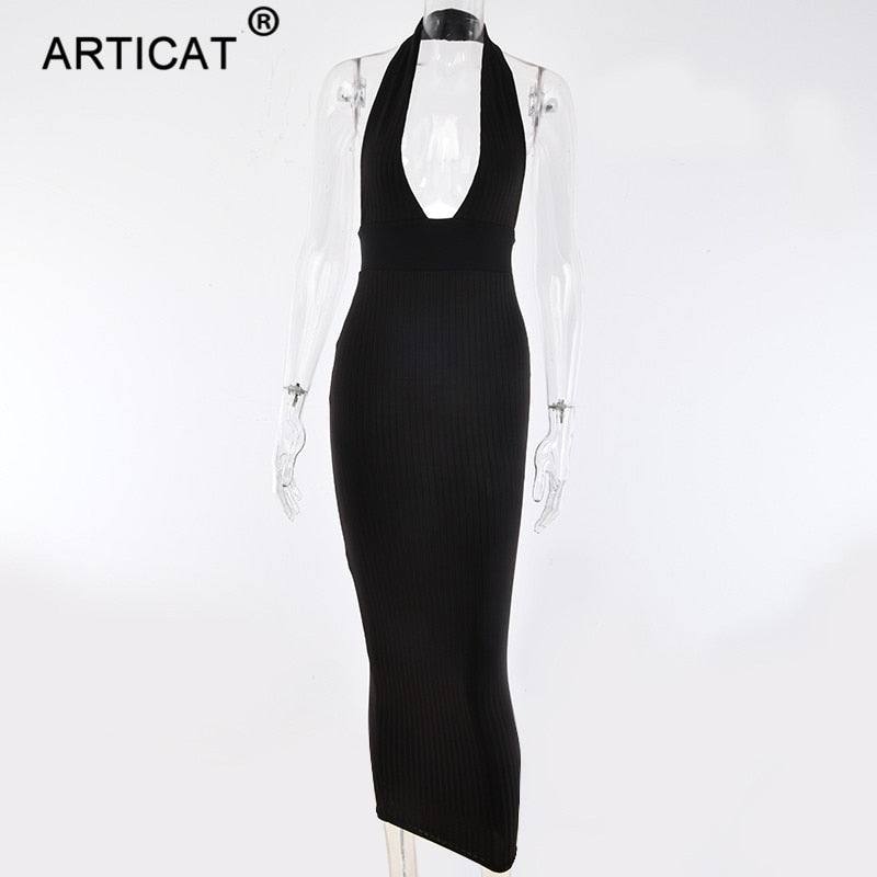 Articat Halfter Tiefer V-Ausschnitt Sexy Maxikleid Frauen Off Shoulder Backless Bodycon Langes Sommerkleid Elegantes Beach Party Club Kleid tif-shop24.de