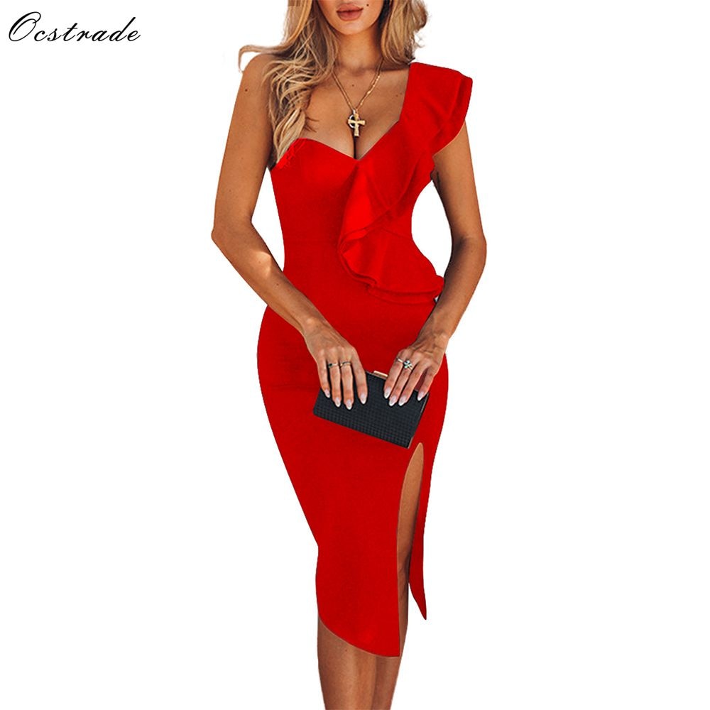 Ocstrade Party Kleid für Frauen 2021 Sommer Verband Kleid Rot Elegante Rüschen Sexy Eine Schulter Schwarz Bodycon Kleid Club Outfts tif-shop24.de