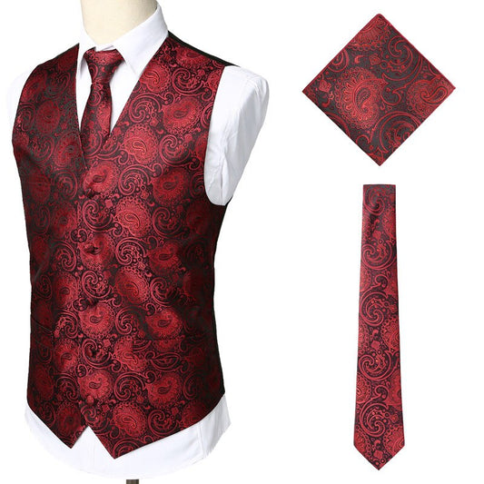 Weinrot Blumen Jacquard Weste Herren 3-teilige Weste Krawatte Taschentuch Set  Brand New Paisley Dress Weste für Hochzeitsfeier