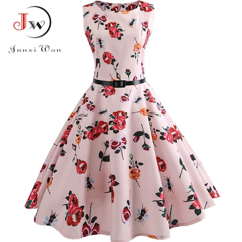 Damen Sommerkleider Robe Elegante Vintage Retro Swing Rockabilly Kleid Hohe Taille Blumen Runway Sundress Tunika tif-shop24.de