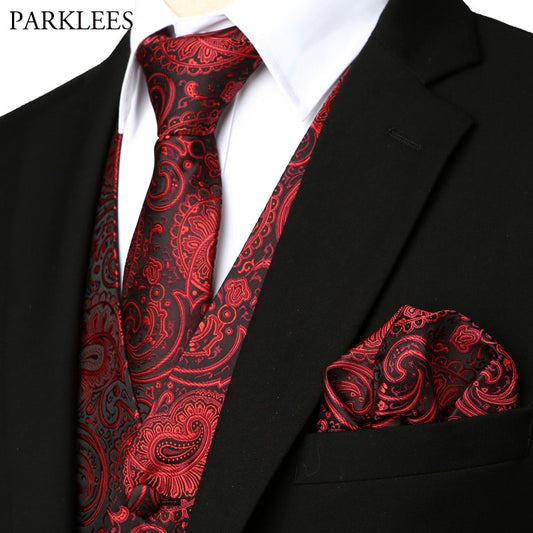 Weinrot Blumen Jacquard Weste Herren 3-teilige Weste Krawatte Taschentuch Set  Brand New Paisley Dress Weste für Hochzeitsfeier