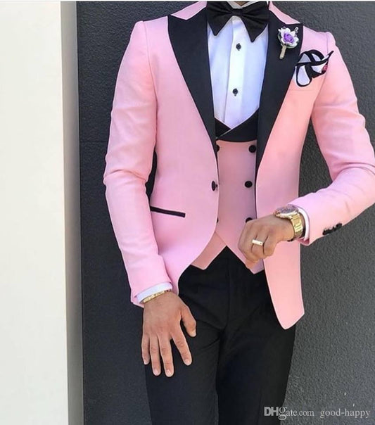 Pink mit schwarzen Ansteckanzügen für Männer Terno Slim Groom Custom 3-teiliger Hochzeit Herrenanzug Masculino Jacke + Hose + Weste + Schleife tif-shop24.de