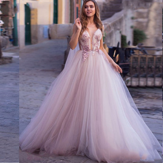 Boho Brautkleider 3D Blumen Hell Lila Strand Brautkleider Backless Puffy Tulle Brautkleider Langer Zug Bodenlänge tif-shop24.de