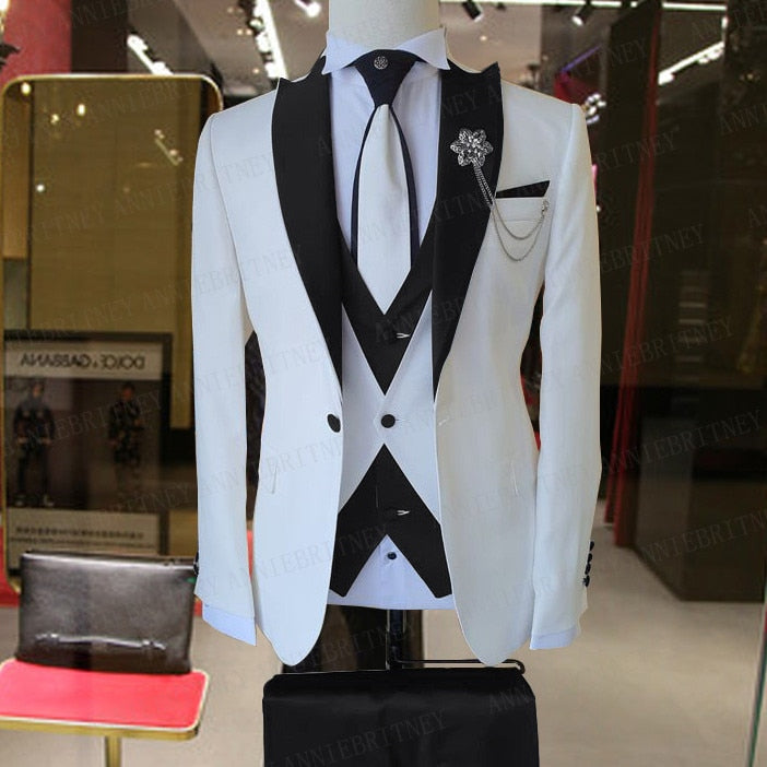 Anzug 3 teilig Bräutigam Hochzeit Anzug Set Mode Designs Weiß Business Jacke Weste Royal Blau Hosen tif-shop24.de