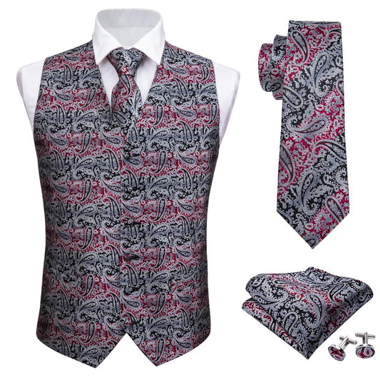 New Fashion Herren Anzug Weste Krawatte Set Hochzeit Weste Tasche Quadrat Manschettenknöpfe Slim Fit Paisley Floral Ärmellose Jacke DiBanGu