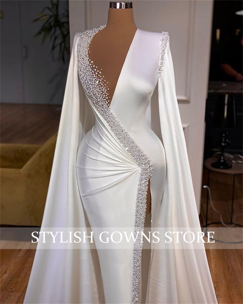 Luxury Deep V Neck Evening Dresses With Long Sleeves Beaded Pearls Wedding Dress High Slit Birthday Party Gown