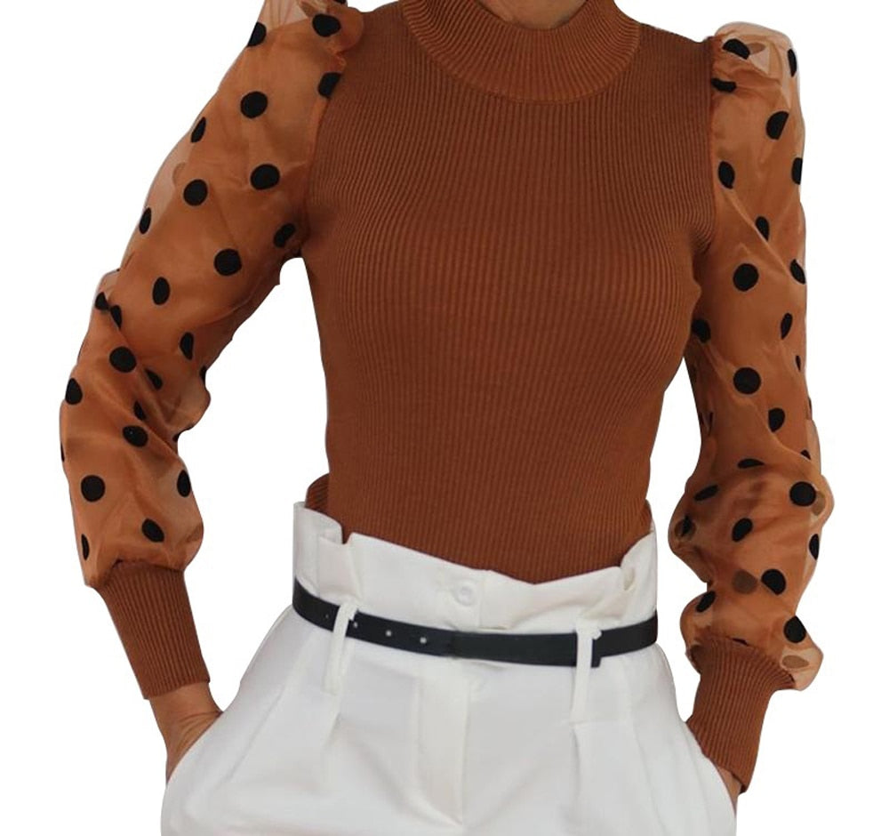 US Womens Mesh Sheer Puff Sleeve Vintage Polka Dot Shirt Ladies Loose Top Blouse tif-shop24.de