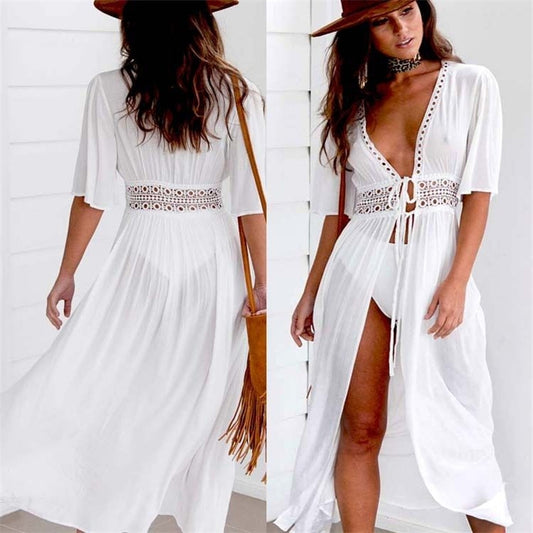 3XL Plus Size Beach Long Maxi Dress Women Beach Cover Up Tunic Pareo White V Neck Dress Robe Swimwear Bathing Suit Beachwear tif-shop24.de