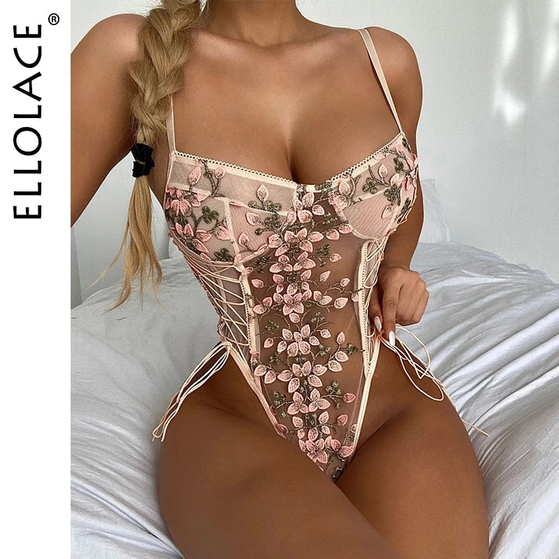 Ellolace Floral Stickerei Body Lace Up Bandage  Sexy Ärmel Bodycon Transparent Dessous Mesh Bodys Top tif-shop24.de