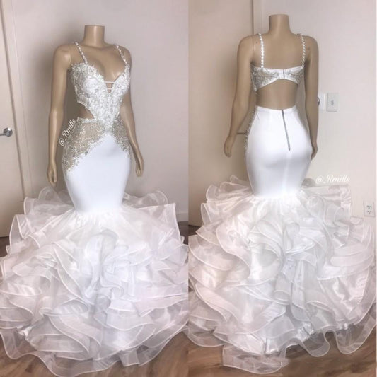 Weiß Organza Rüschen Brautkleider Mit Applique Spitze Spaghetti-trägern Meerjungfrau Abendkleider Party Kleider tif-shop24.de