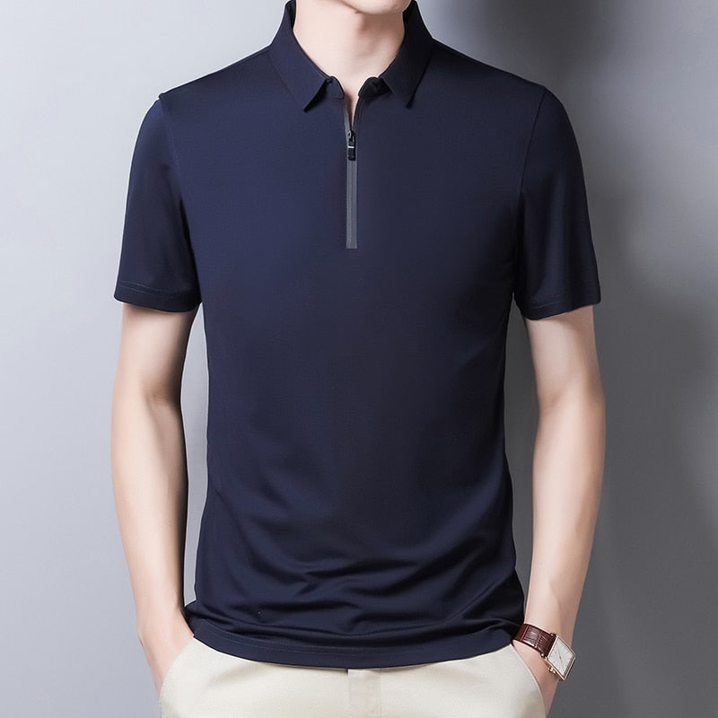 New Classic Solid Color Polo-Shirt Männer Seide Baumwolle Sommer Kurzarm T-Shirts Homme Slim Fit Casual Zipper Camisa Polo T1014 tif-shop24.de