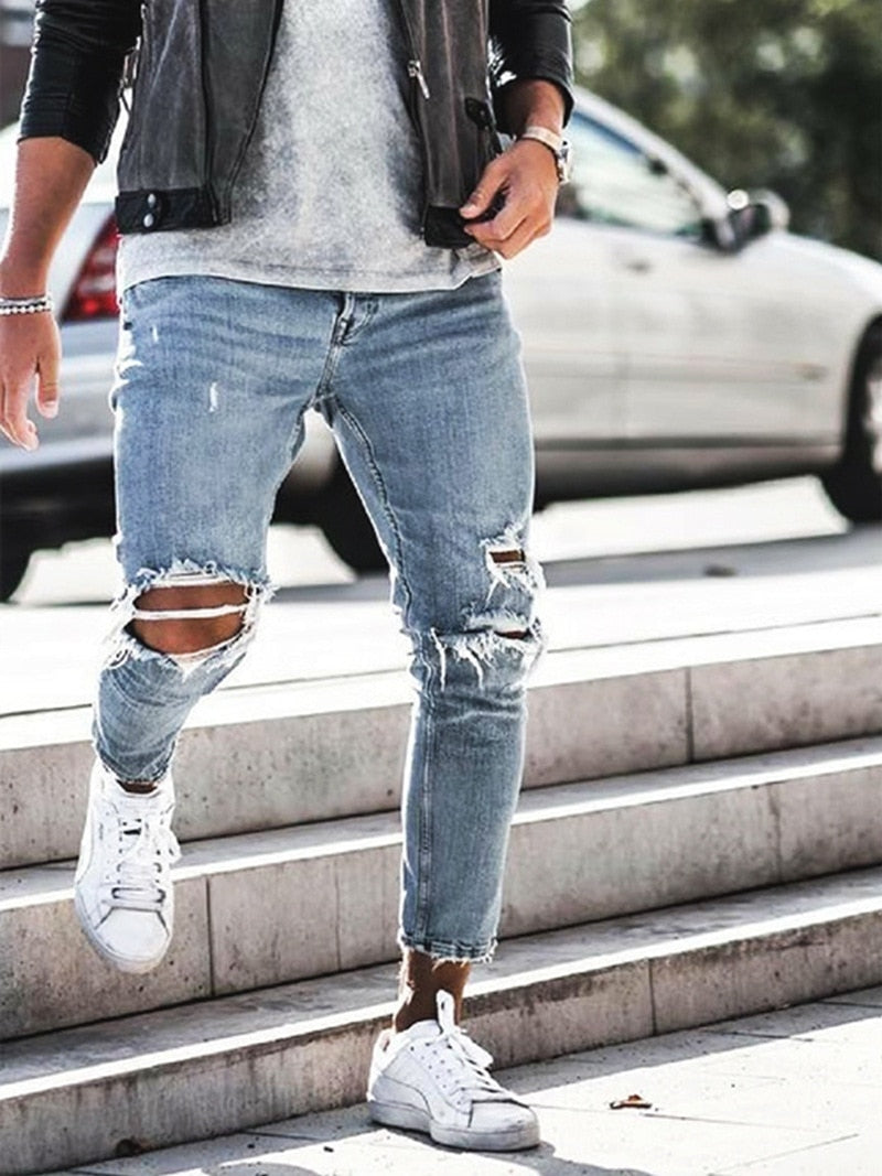 Streetwear kniegerissene Röhrenjeans für Männer Hip Hop Fashion Destroyed Hole Pants Einfarbige Stretch-Jeanshose für Herren tif-shop24.de