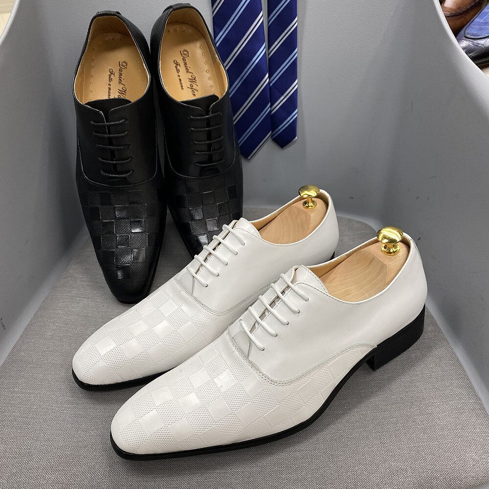Luxus Italienischen Herren Oxford Schuhe Fashion Plaid Print Echtem Leder Schwarz Weiß Lace Up Hochzeit Büro Anzug Kleid Schuhe tif-shop24.de