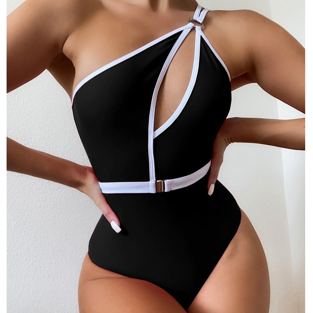 VigoCasey Hollow Out One Shoulder Sexy One Piece High Waist Monokini Solid Belt Bathing Suit
