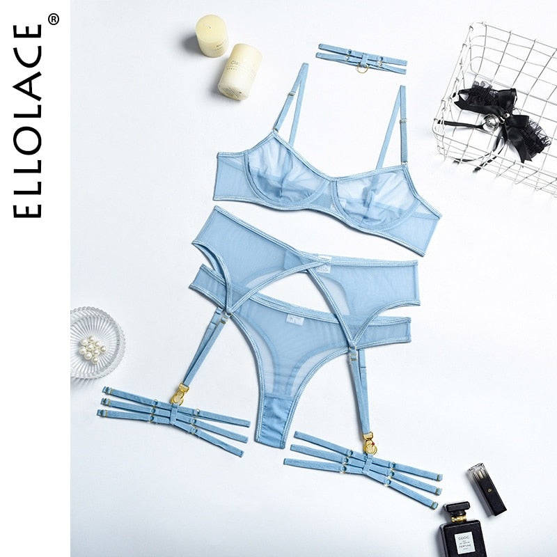 Ellolace 4 teilige Set Sexy Erotische Dessous Unterwäsche Bh Strumpfbänder Transparente Spitze Nahtlos tif-shop24.de