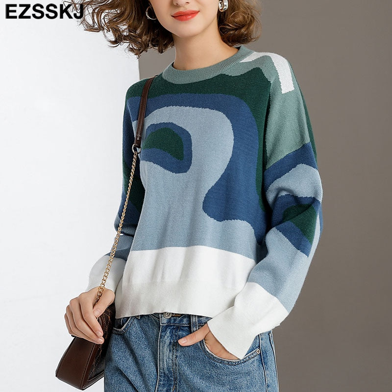 EZSSKJ Color Block Drop Shoulder Pullover Croped Pullover Pullover lose Pullover Pullover Langarm tif-shop24.de