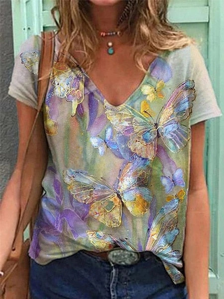 Grafik T-Shirts Frauen Sommer 3D Blume Print V-ausschnitt Kurzarm T-shirts Beiläufige Lose Übergroße T-Shirt Y2K Top Plus Größe tif-shop24.de