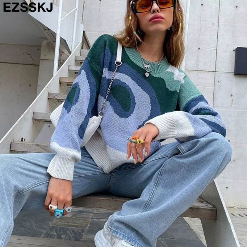 EZSSKJ Color Block Drop Shoulder Pullover Croped Pullover Pullover lose Pullover Pullover Langarm tif-shop24.de