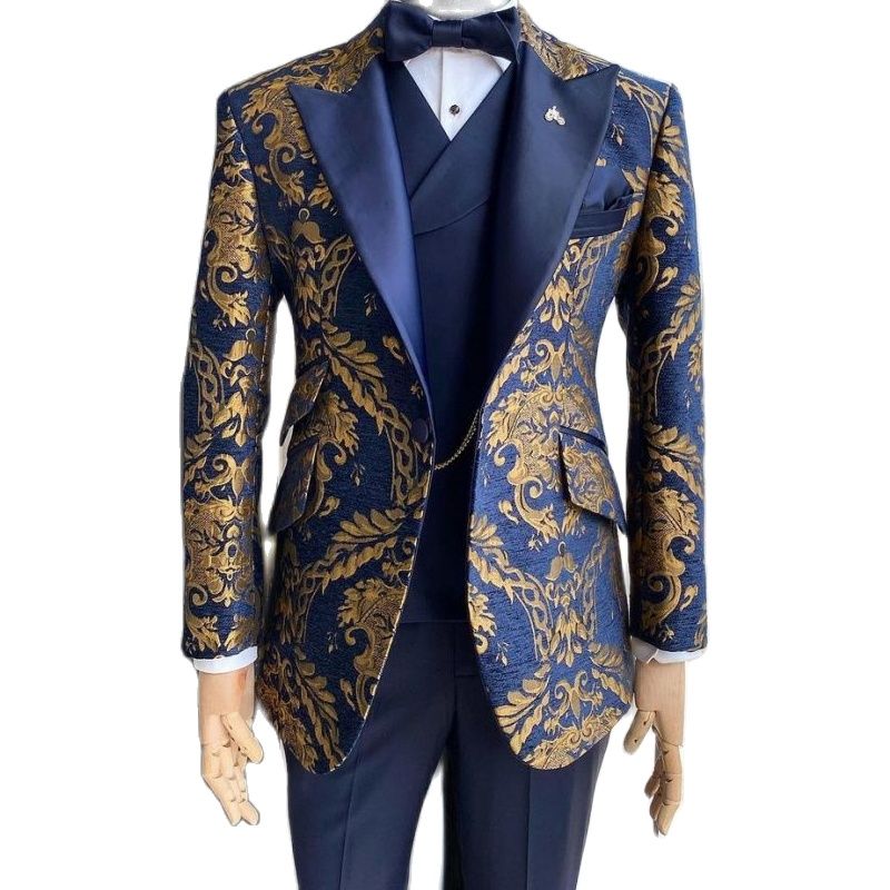 Jacquard Floral Smoking Anzüge für Hochzeit Slim Fit Navy Blau und Gold Gentleman Jacke mit Weste Hose 3 Teilige Kostüm tif-shop24.de